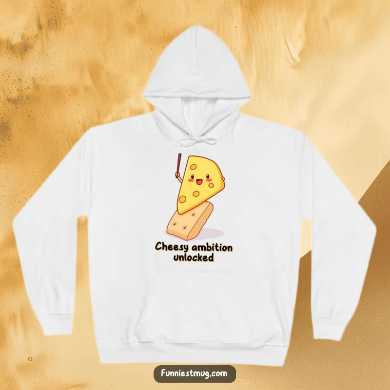 Funny hoodie showing a determined cheese wedge character mid-pole vault over a cracker, embodying a humorous and adventurous dairy spirit for cozy wear.