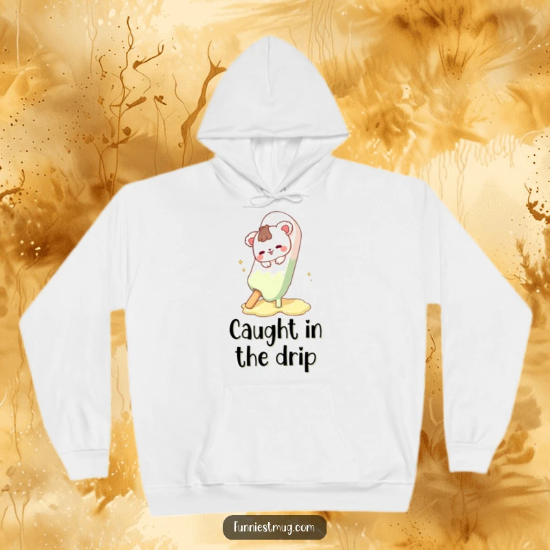 Funny Cute Animal Hoodie showing the character's comical slip on a melting chocolate bar, perfect for cozy, funny days.