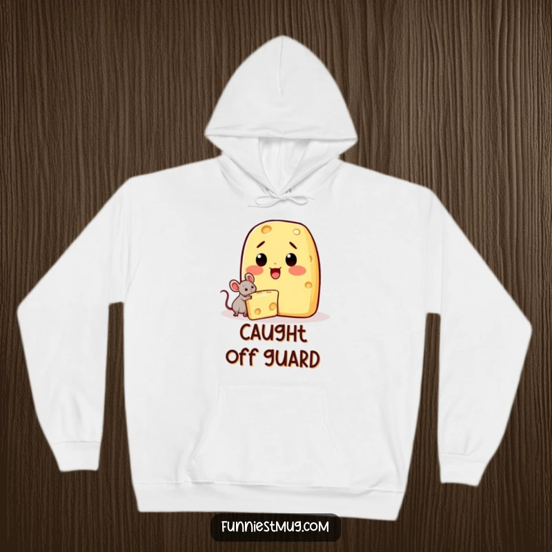 Funny Kawaii hoodie depicting a surprised cheese chunk with a small mouse making off with a piece.