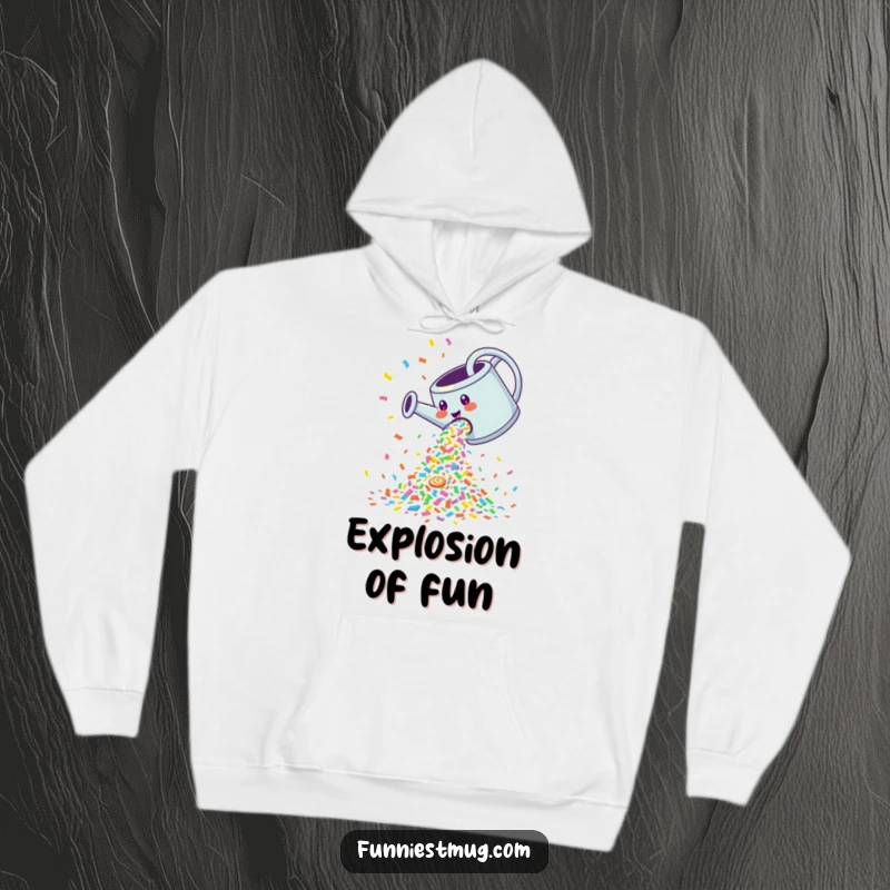 Funny Hoodie: Giggling watering can pouring a cascade of colorful confetti, cozy and celebratory apparel.