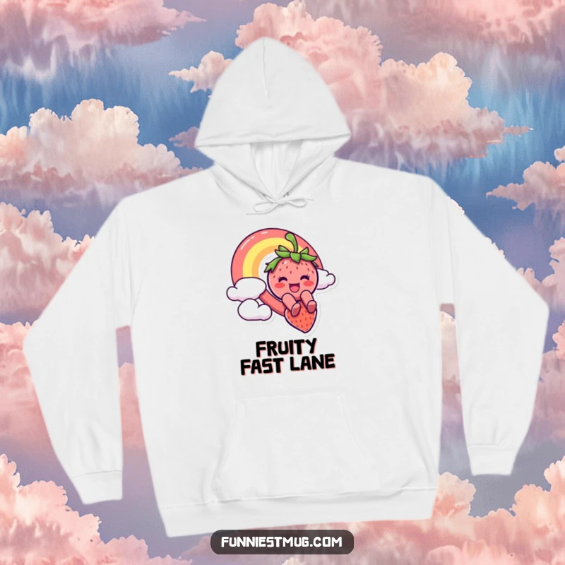 Funny hoodie featuring a smiling strawberry character making a dramatic descent down a bright rainbow, depicting a fun, adventurous, and joyful moment.