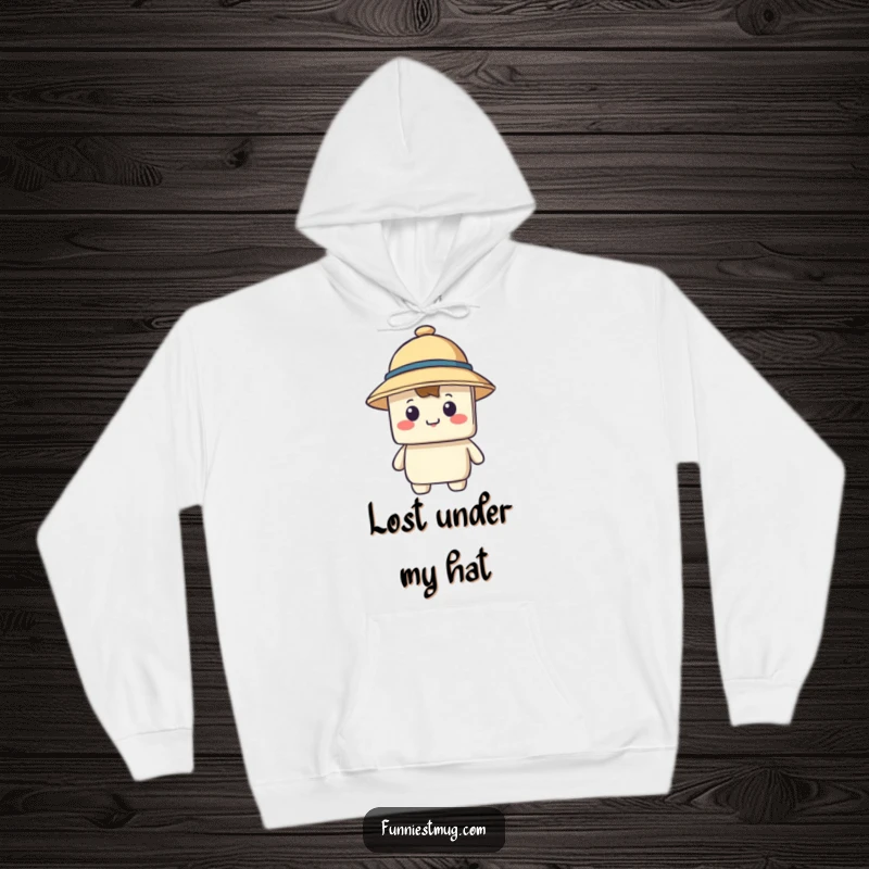 Funny hoodie depicting a happy blocky character attempting to wear a comically large hat that completely covers its face.