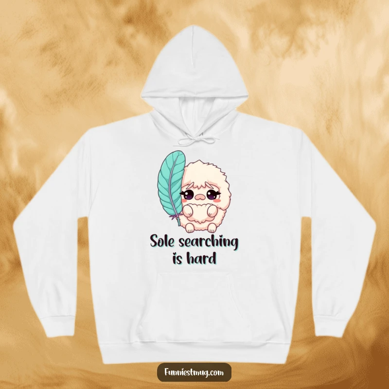 Funny Slipper Hoodie with a confused fluffy slipper character wearing a giant feather, offering warmth and humor for chilly days.