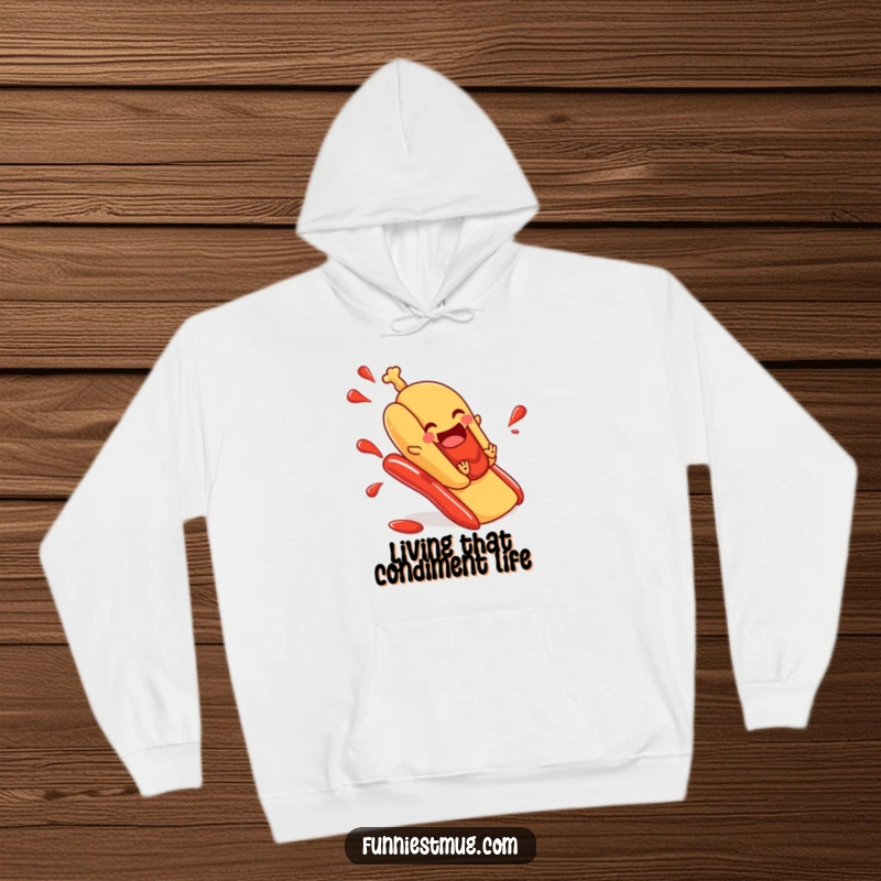 Funny hot dog hoodie showing a hot dog in a bun sliding down a ketchup slide with glee, offering warmth and hilarious food-themed style.