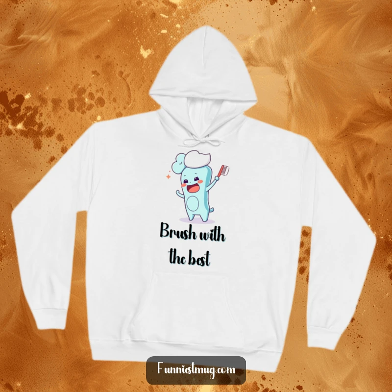 Funny Kawaii toothbrush character on a hoodie, comically trying to brush a fluffy cloud floating by, a lighthearted and humorous design for warmth.