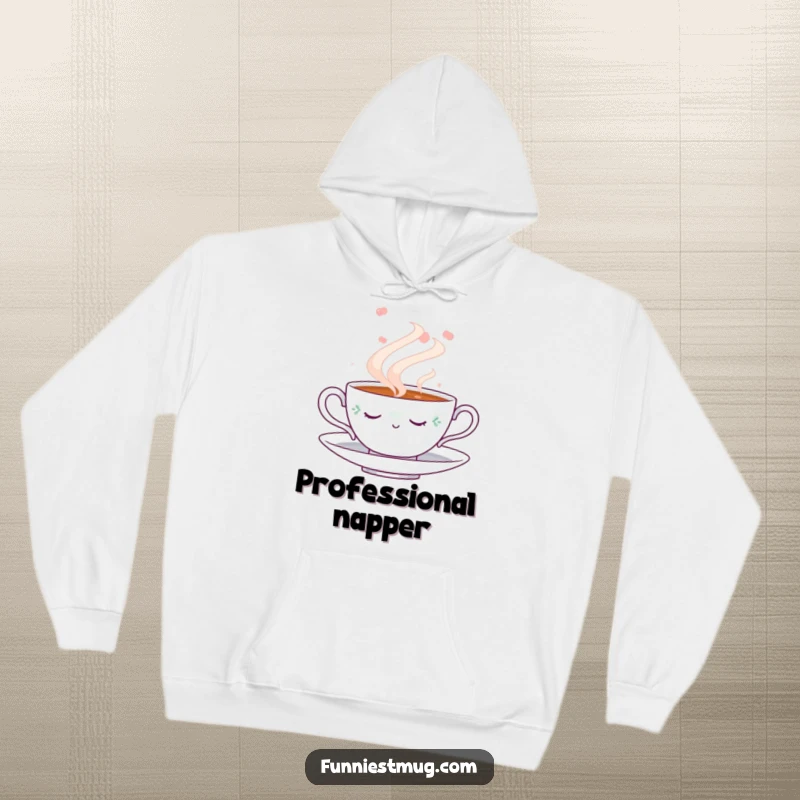 Funny Napping Teacup Hoodie: Warm, hooded sweatshirt displaying a cute teacup slumbering peacefully within a swirling cloud of steam, a funny cozy essential.