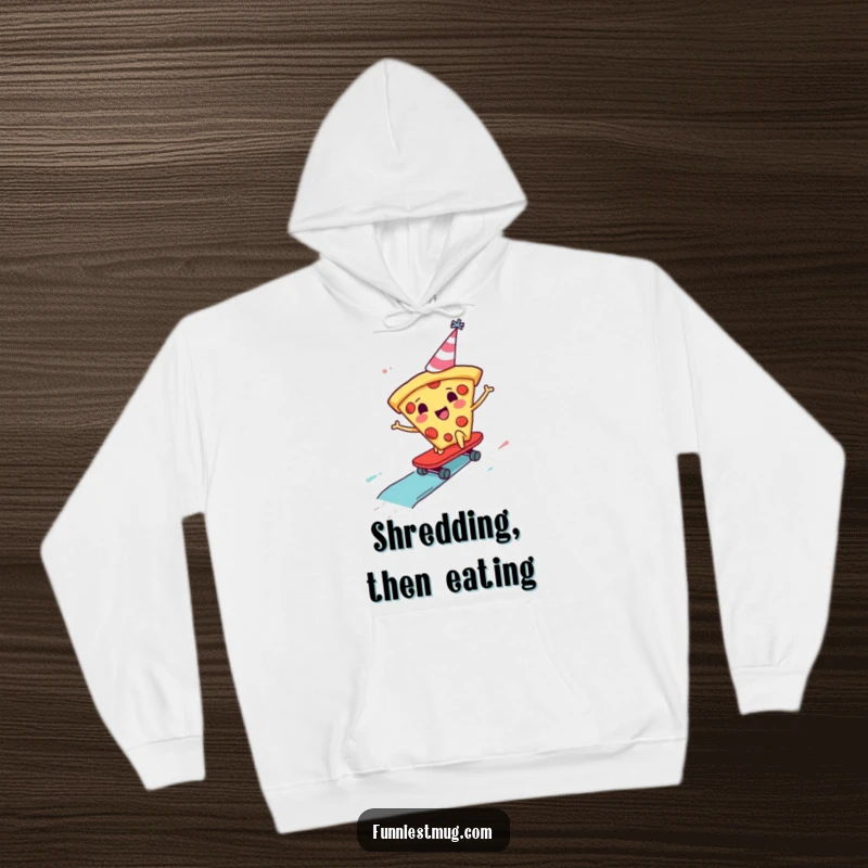 Funny Pizza Skater Hoodie featuring a pizza slice in a party hat skateboarding down a sauce slide, designed for warmth and humor.