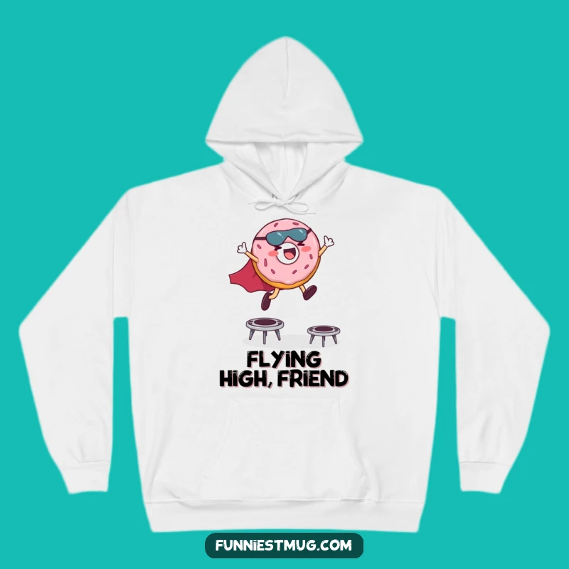 Funny Superhero Donut Hoodie: Cozy Giggling Hero Leaping Over Trampolines Gift