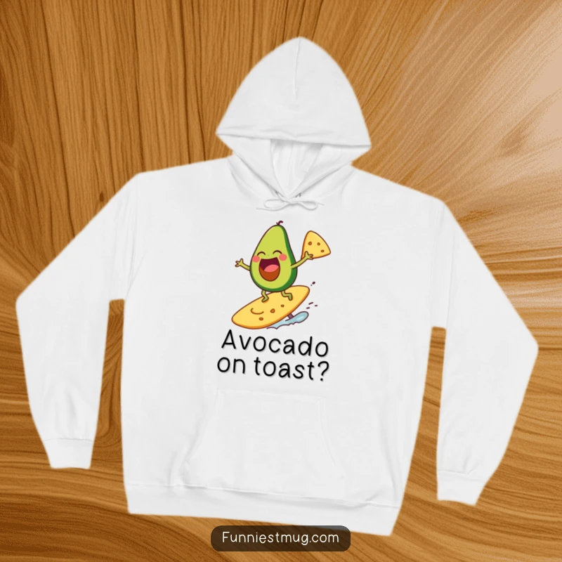 Funny avocado character laughing while surfing on a giant tortilla chip, on a hoodie.