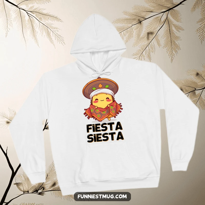 Funny proud taco character comically wearing a sombrero as a blanket, Mexican food humor on a cozy hoodie.