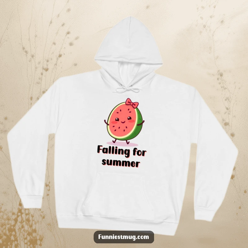 Funny hoodie featuring a cheerful watermelon slice with a bow, in a comical tripping pose, providing cozy humor.