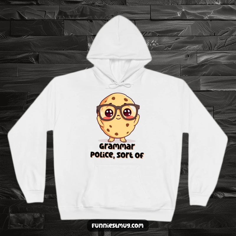 Funny cookie character wearing oversized reading glasses, on a cozy hoodie.