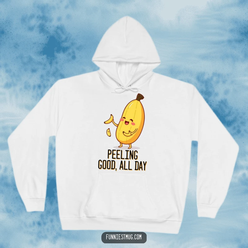 Funny banana juggling hoodie, a happy banana winking and juggling tiny bananas, cozy and comical.