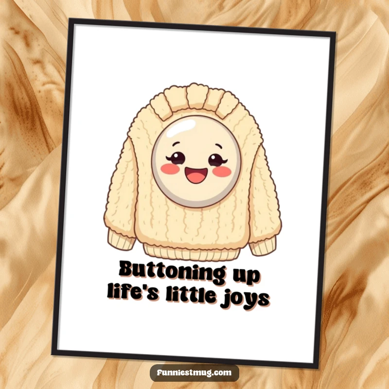 Funny Free Printable Wall Art: Overjoyed button stuck fast on a massive, textured fuzzy sweater, creating quirky decor.