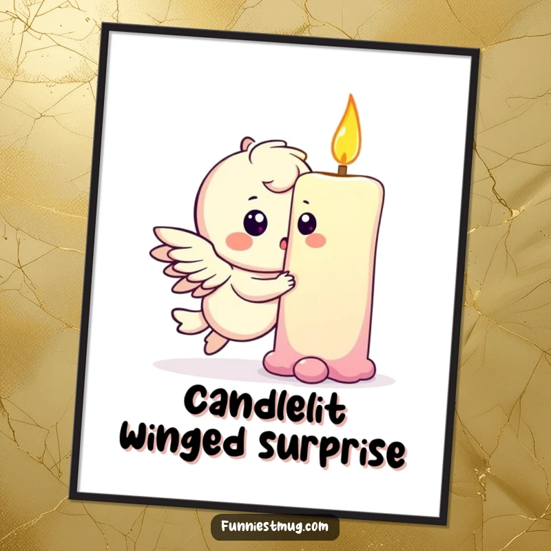 Funny Free Printable Wall Art of a playful winged character gently bumping into a giant birthday candle, looking comically surprised.