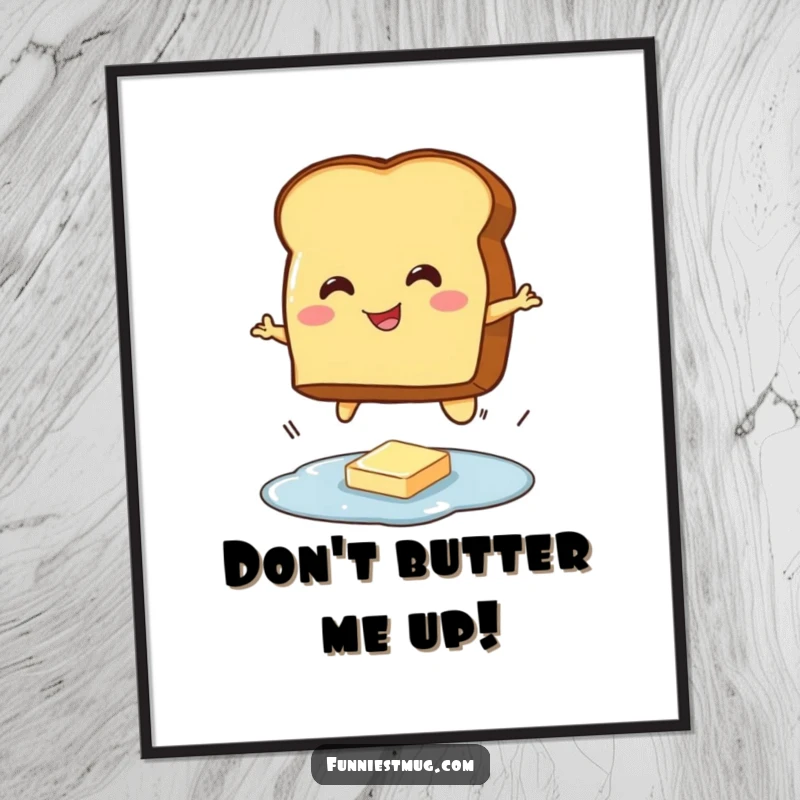 Funny Free Printable Wall Art: A smiling toast character humorously attempting to jump over butter.