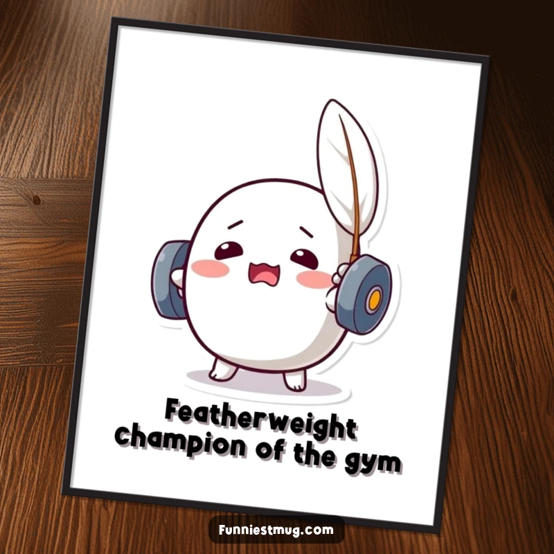 Funny Free Printable Kawaii dumbbell character hilariously struggling to lift a tiny feather, comedic gym-themed wall art.