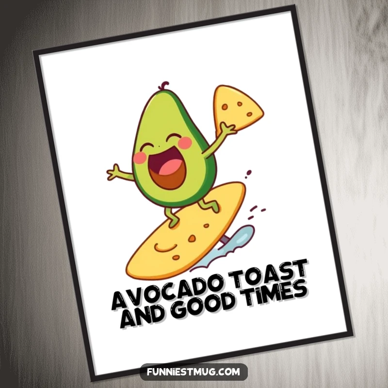 Funny Free Printable Wall Art of a laughing avocado character surfing a giant tortilla chip, a vibrant downloadable decor.