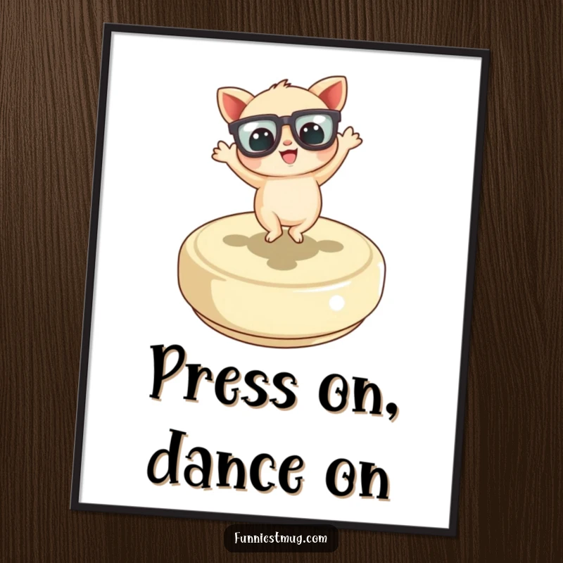 Funny Free Printable Wall Art of a cheerful, little creature with enormous glasses joyfully dancing atop a giant button.