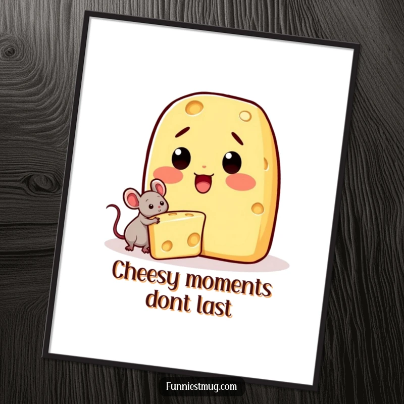 Funny free printable wall art: Kawaii cheese character wide-eyed with surprise as a tiny mouse steals a wedge of cheese.