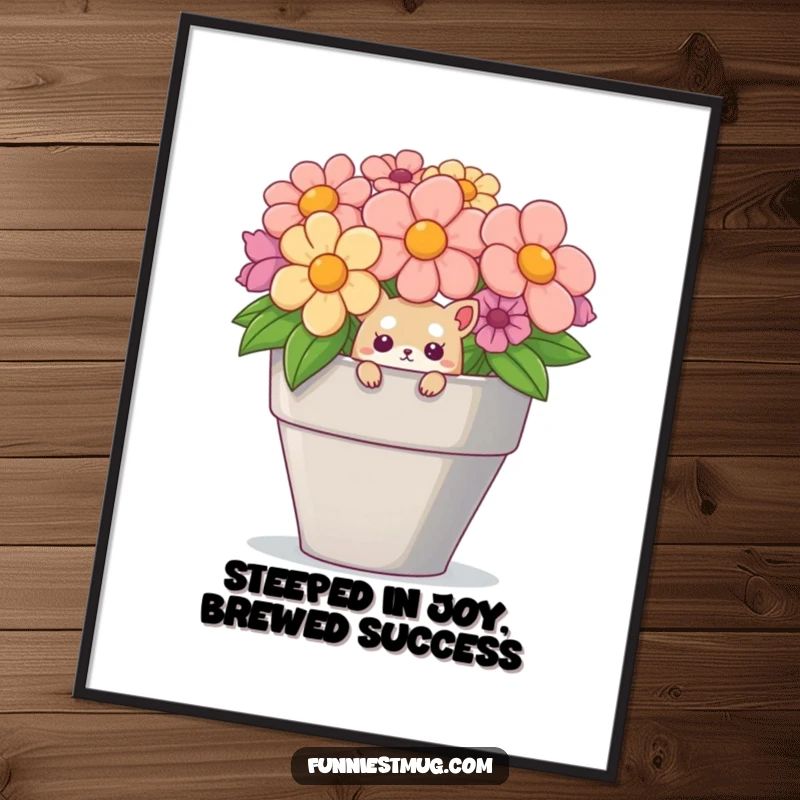 Funny Free Printable Wall Art: A curious small creature peering over the rim of a comically large teacup, full of wonder.