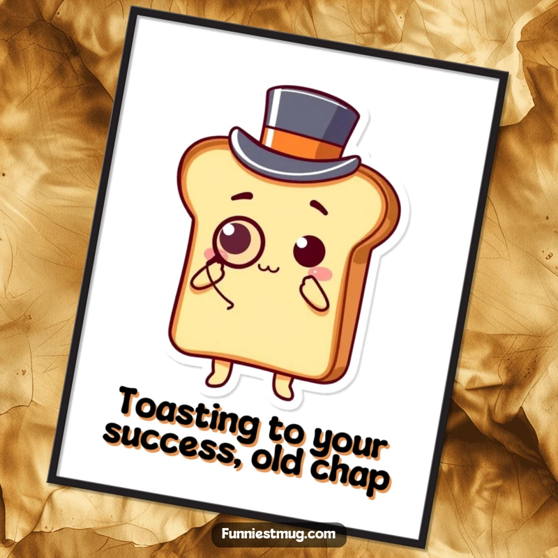 Funny free printable wall art: Kawaii toast character in a top hat and monocle, performing an elegant bow, refined humor.