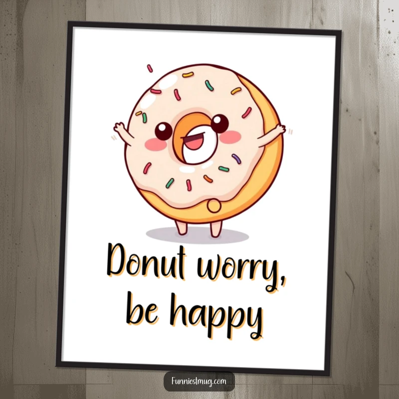 Funny Free Printable Wall Art: A happy donut character performs a cartwheel, frosting and sprinkles flying in a delightful mess.