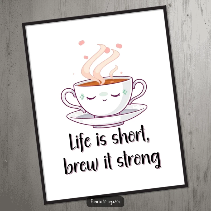 Funny Free Printable Wall Art: A teacup peacefully naps in swirling steam, bringing cozy humor to any room.
