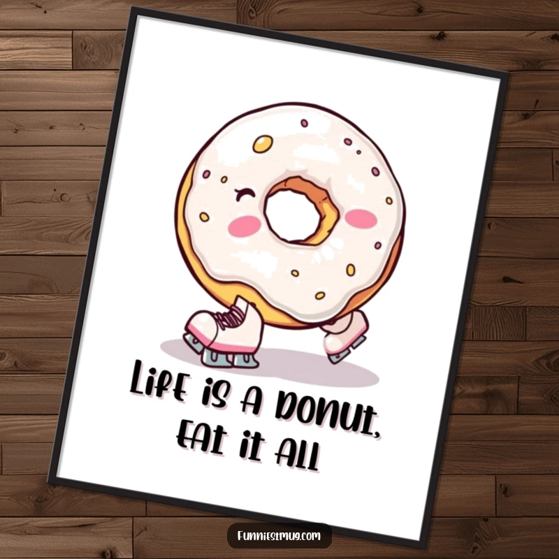 Funny free printable wall art: a clumsy donut hole wearing tiny skates comically falls, a whimsical downloadable.