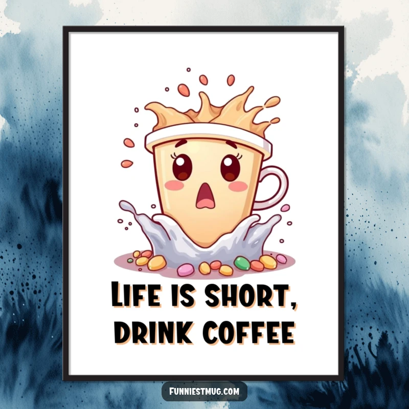 Funny Free Printable Wall Art of a surprised coffee cup character getting splashed by tiny candy waves, a unique downloadable decor.