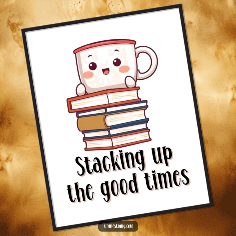 Funny free printable wall art: Kawaii coffee mug comically attempting to balance an impossible stack of books, stressed expression.
