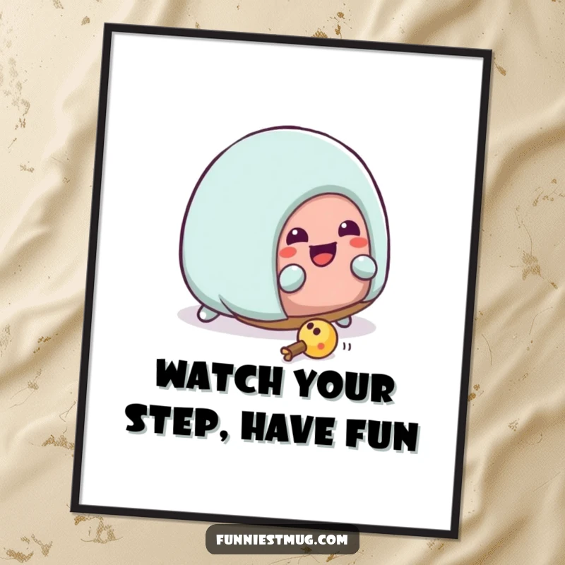 Funny Free Printable Kawaii house slipper character comically losing its balance while tripping over a toy, whimsical decor.