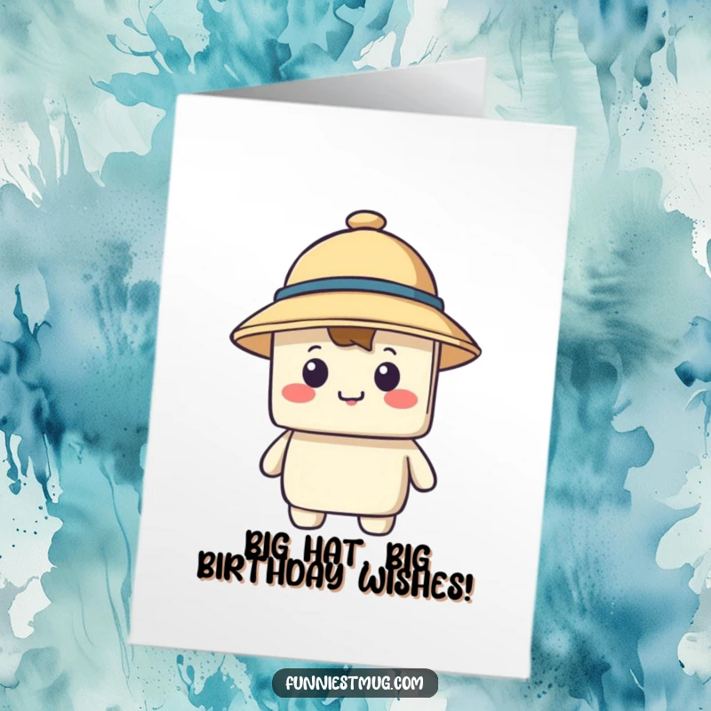 Funny Free Printable Birthday Card: A happy blocky character is completely hidden by a comically oversized hat, creating pure birthday silliness.