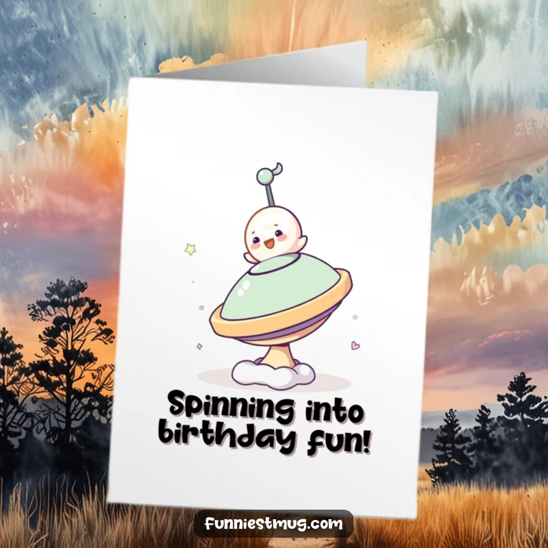 Funny Free Printable Birthday Card showing a small, determined blob character struggling to balance on a giant, rapidly spinning top.