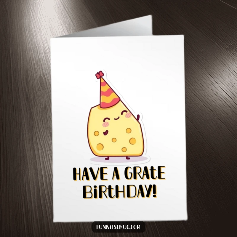Funny Free Printable Birthday Card: Grinning cheese wedge precariously balancing a minuscule party hat on its tip.