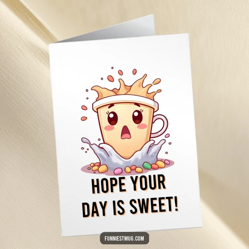 Funny Free Printable Birthday Card of a surprised coffee cup being splashed by candy waves, a sweet DIY gift.