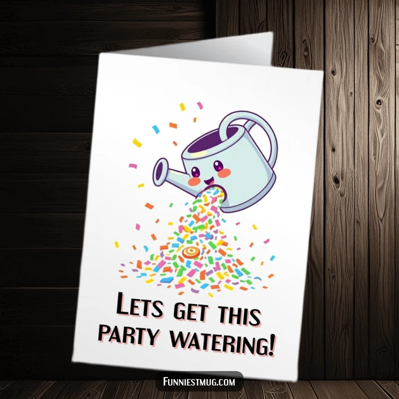 Funny Free Printable Birthday Card: Joyful watering can tipping over, unleashing a vibrant explosion of confetti.