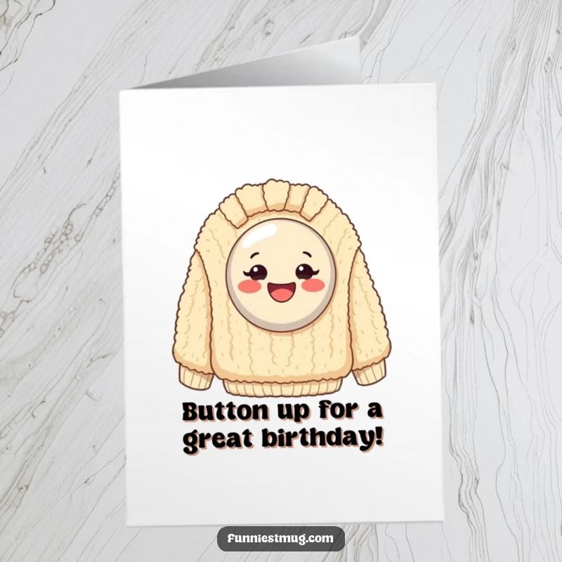 Funny Free Printable Birthday Card: Smiling button trapped on a huge fuzzy sweater, shouting Happy Birthday.