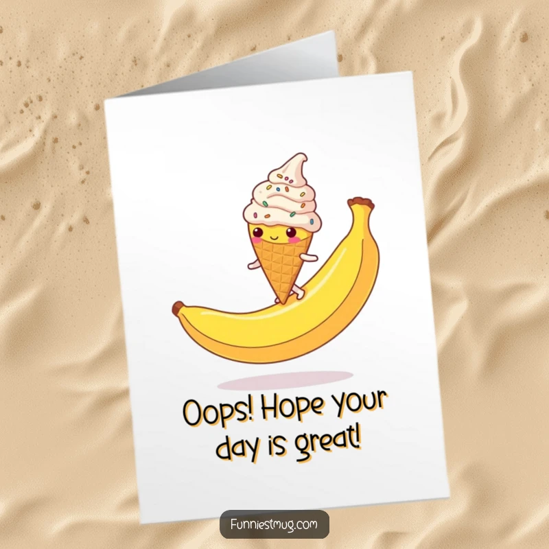 Funny Free Printable Birthday Card: Ice cream cone slips on banana peel, sprinkles flying, messy disaster.