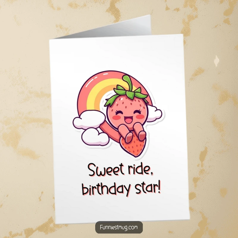 Funny Free Printable Birthday Card: Smiling Strawberry dramatically slides down a vibrant rainbow, spreading joy.