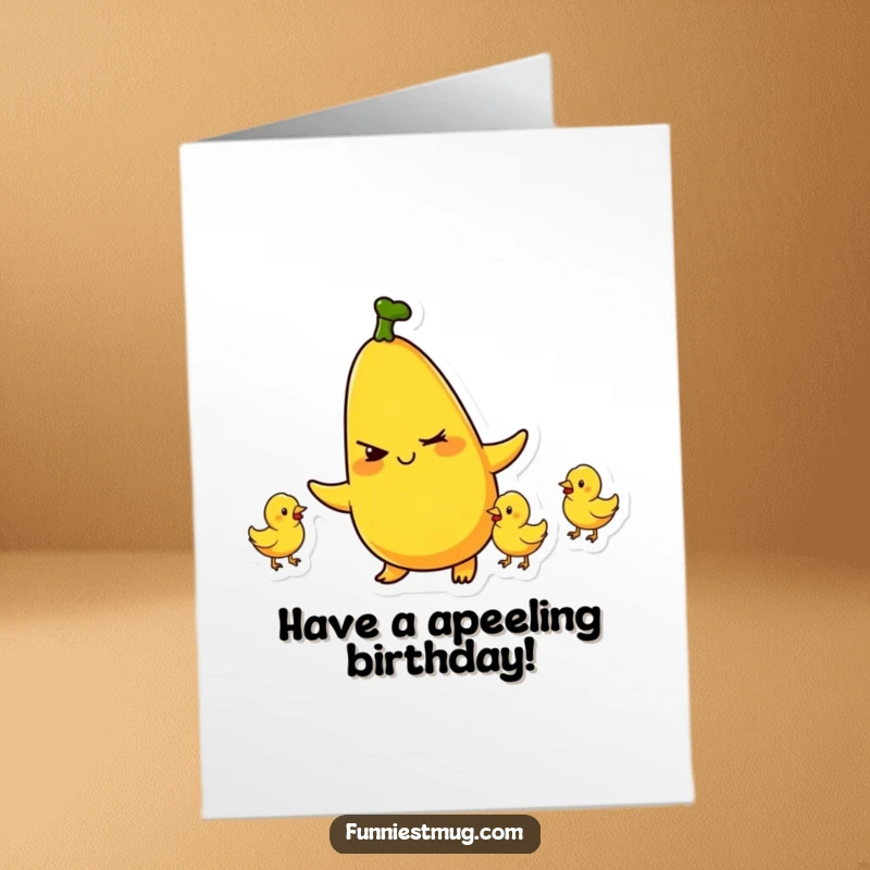 Funny free printable birthday card shows a plump banana winking and juggling tiny rubber chickens.