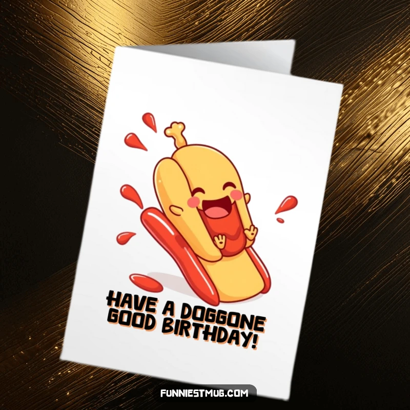 Funny Free Printable Birthday Card showing a hot dog in a bun comically sliding down a slippery ketchup slide with joy.
