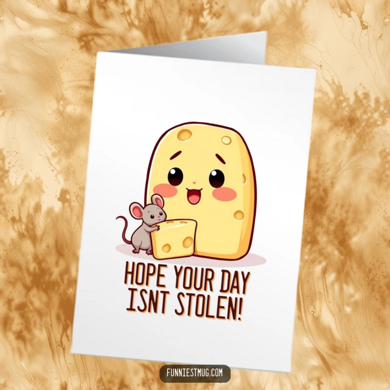 Funny free printable birthday card: Kawaii cheese character shocked as tiny mouse steals its wedge, a birthday surprise.
