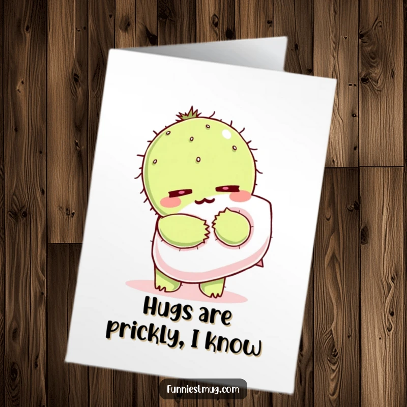 Funny free printable birthday card: Kawaii cactus wincing while trying to hug a fluffy pillow, a prickly birthday wish.