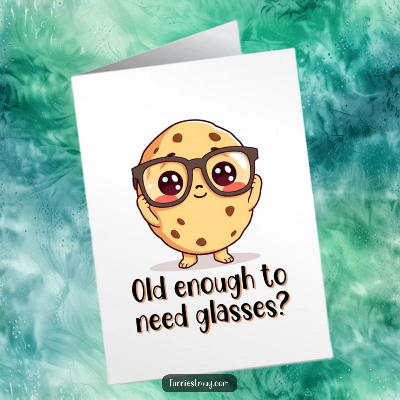 Funny Free Printable Birthday Card of a curious cookie character trying to wear oversized reading glasses, a smart DIY gift.