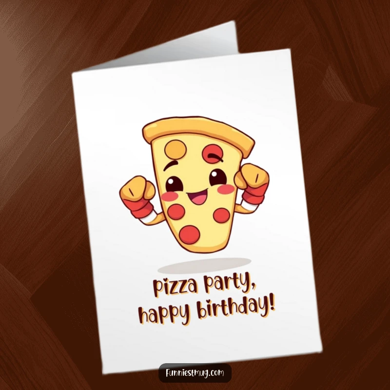 Funny Free Printable Birthday Card of a happy slice of pizza flexing its tiny boxing gloves, ready to party.