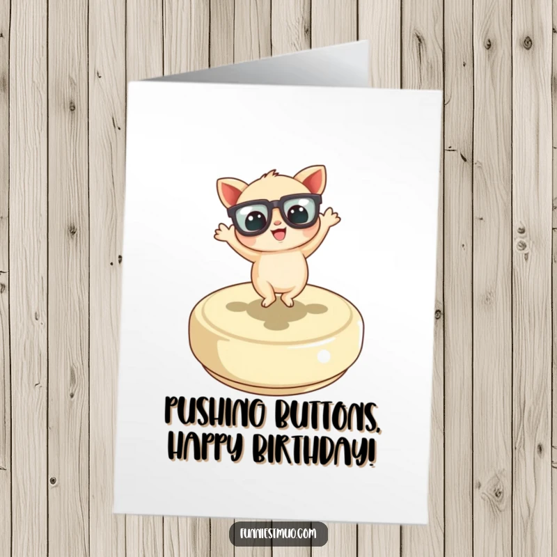 Funny Free Printable Birthday Card featuring a little creature with huge glasses dancing ecstatically on a giant button.