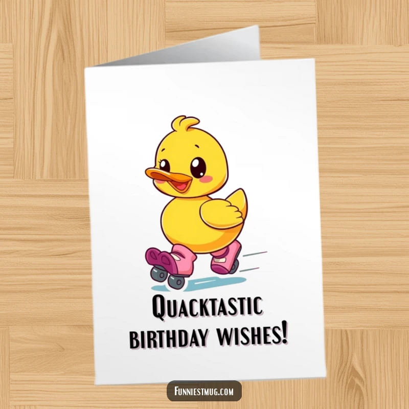 Funny free printable birthday card shows a glee-filled rubber ducky on roller skates speeding away.