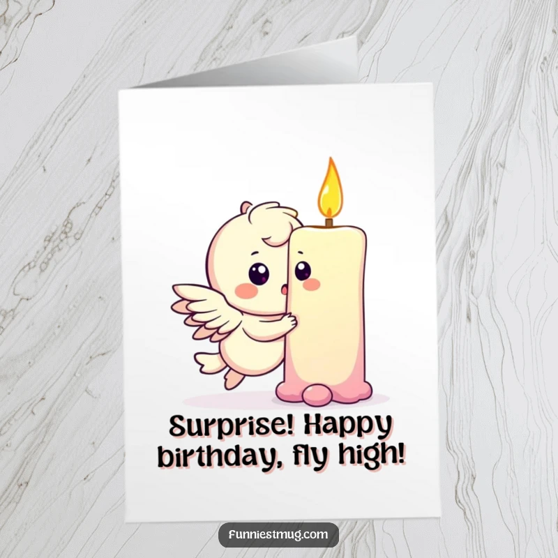 Funny Free Printable Birthday Card: A playful winged character bumps into a giant birthday candle, looking comically surprised.