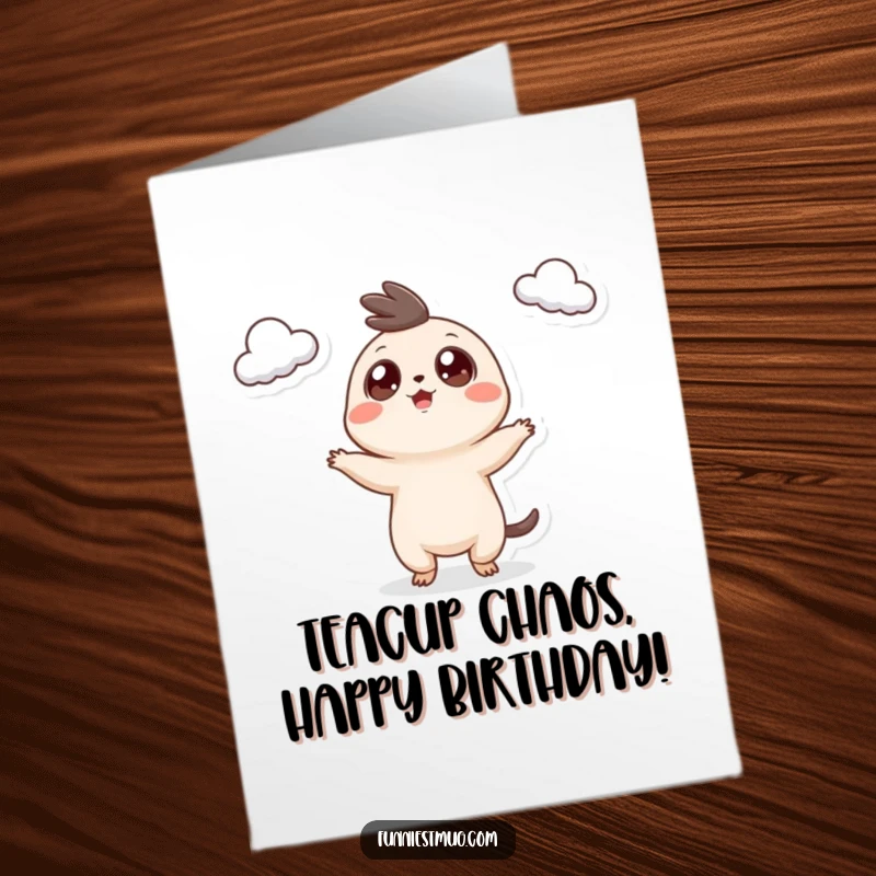 Funny Free Printable Birthday Card featuring a googly-eyed creature comically juggling teacups with wild abandon.